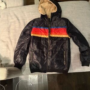 Black Hooded Jacket with Colorful Stripes